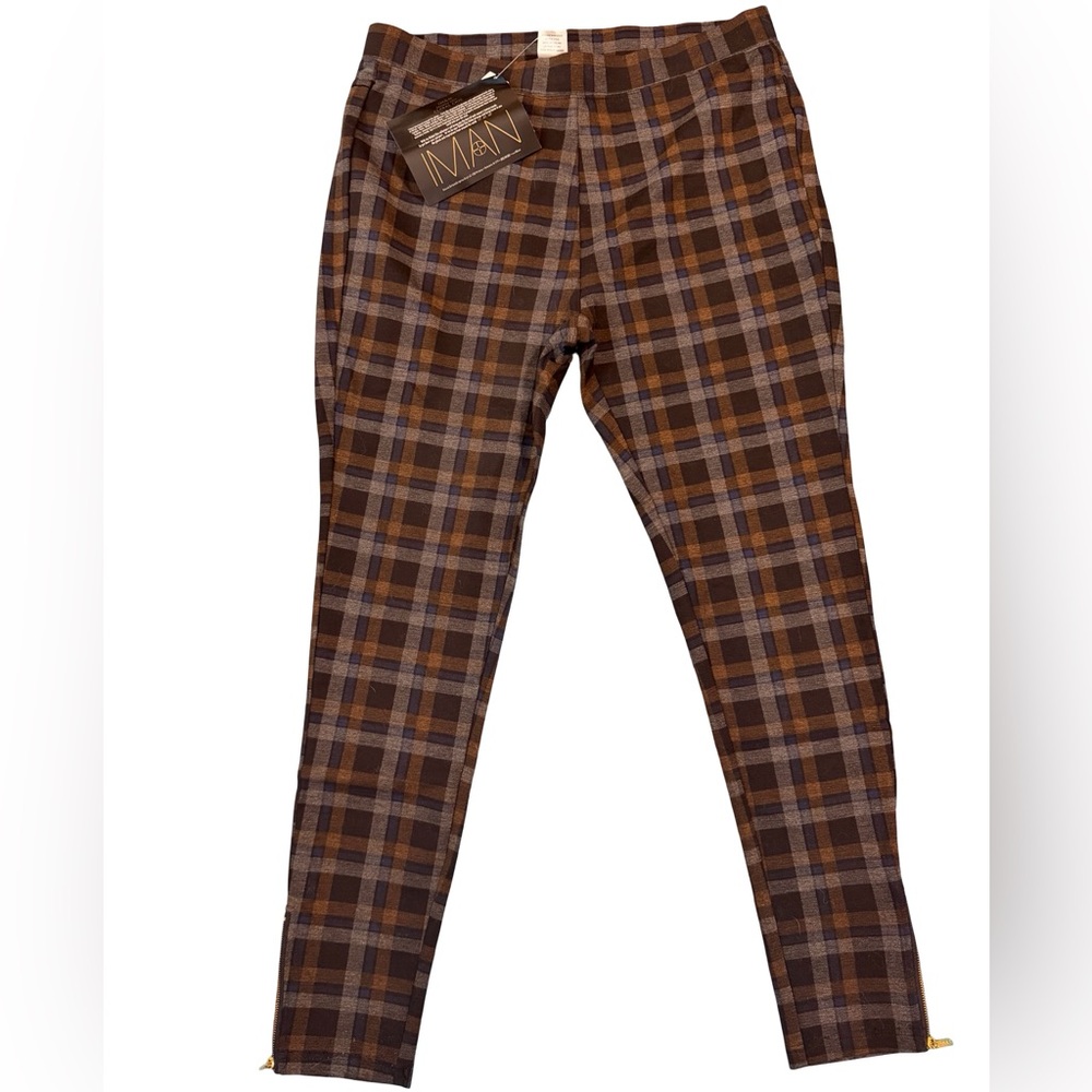 IMAN Plaid Ankle Zip Pants Black Brown Blue Tailored Fit Size L